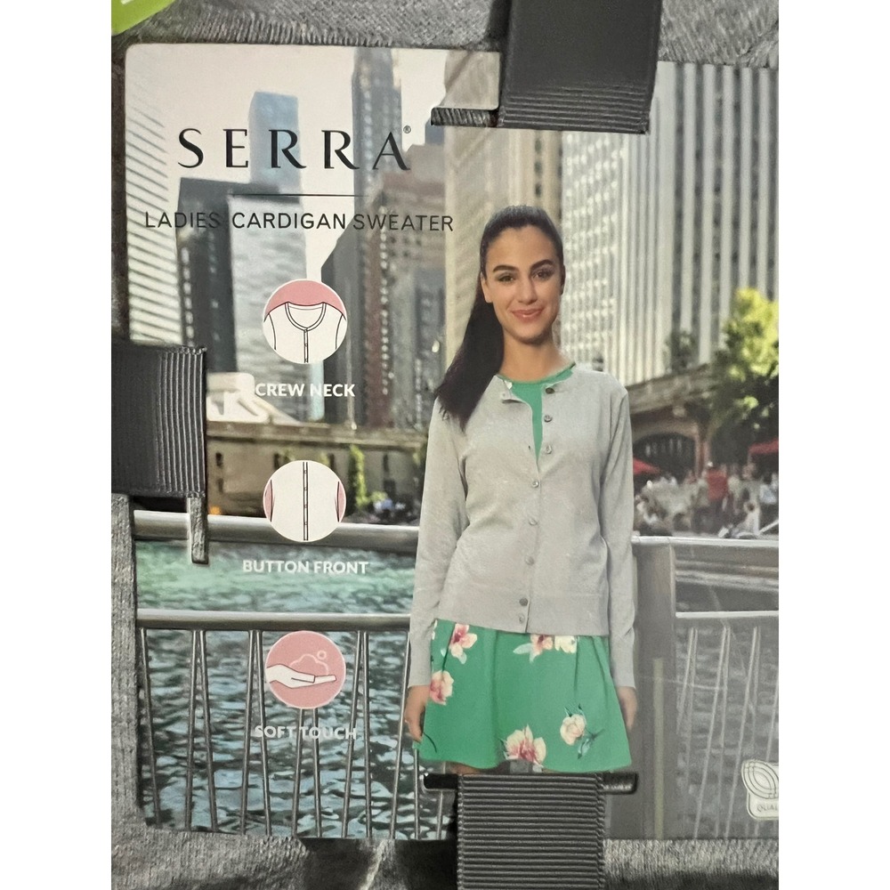 Serra‎ Ladies Cardigan Sweater Heather Gray Crew Neck Button Front Medium NWT
